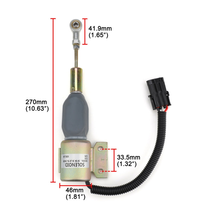 Engine shutdown solenoid valve with dimensions: 270mm cable length, 46mm bracket width