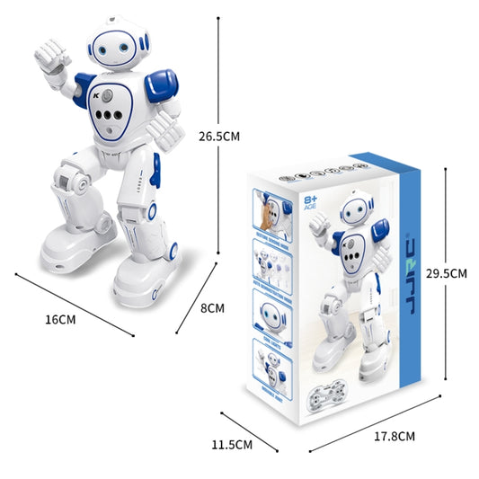 Toy robot with white body and blue or pink accents, standing on two stacked wheels