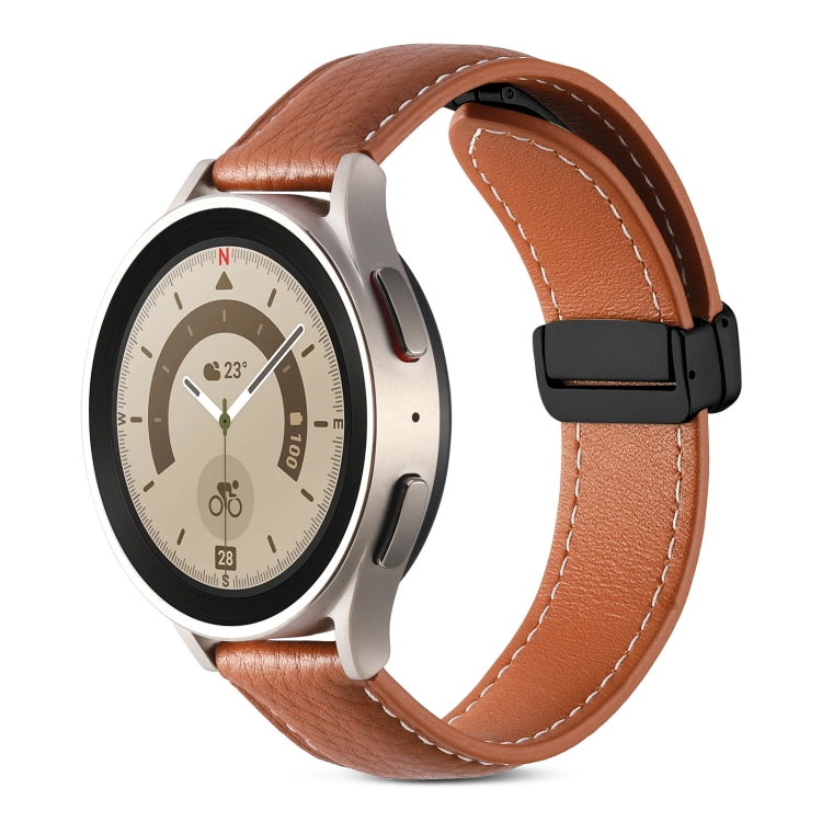 Genuine leather folding buckle watch band, brown leather with brown stitching and black clasp