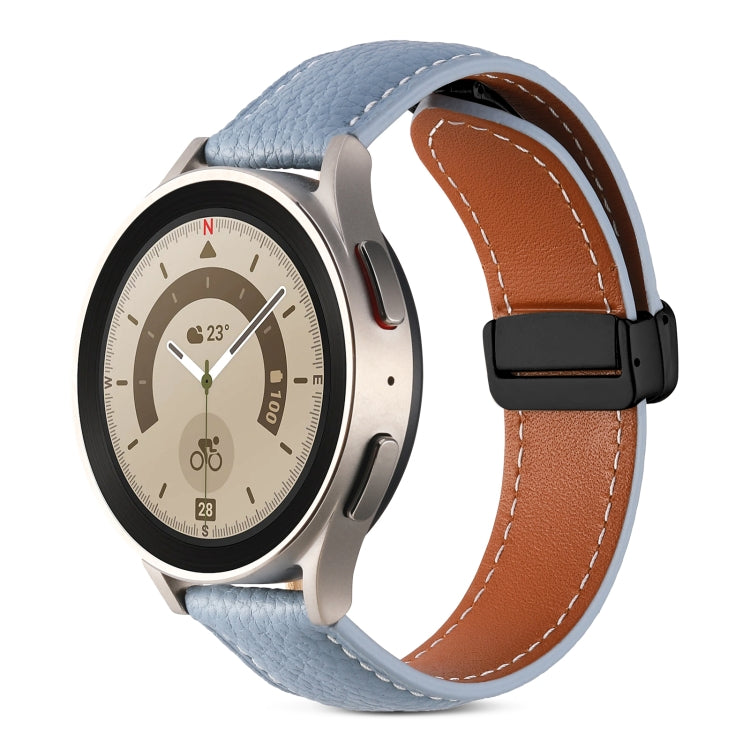 Genuine leather folding buckle watch band, blue leather with brown stitching and black clasp
