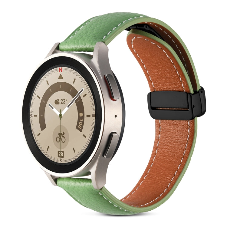 Green genuine leather watch band with folding buckle and tan stitched edge