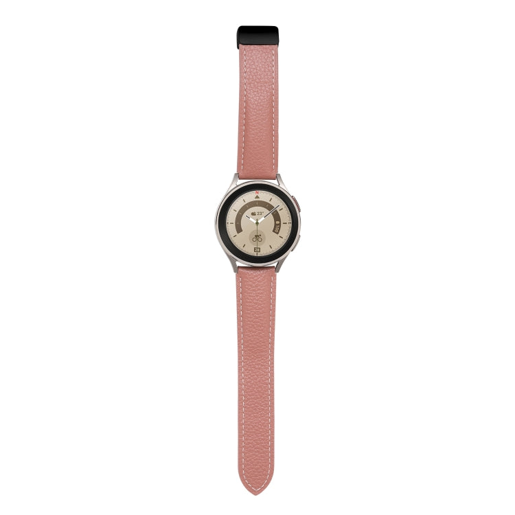 Pink genuine leather watch band with folding buckle and tan stitched edge