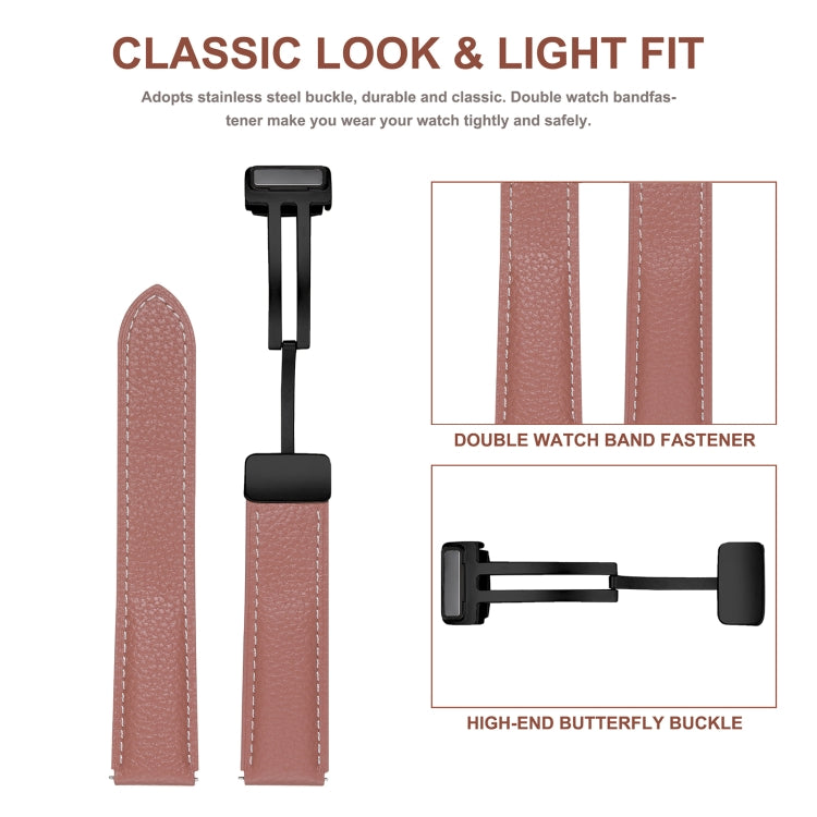 Pink leather watch band with folding buckle shown vertically, stitched detail