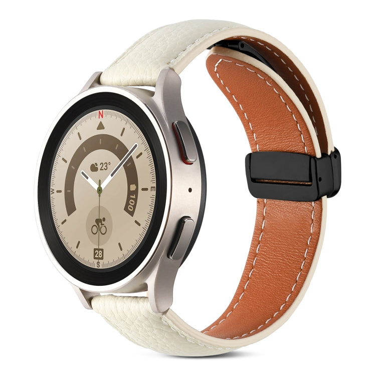 Genuine leather folding buckle watch band, light beige with brown edge stitching and black clasp
