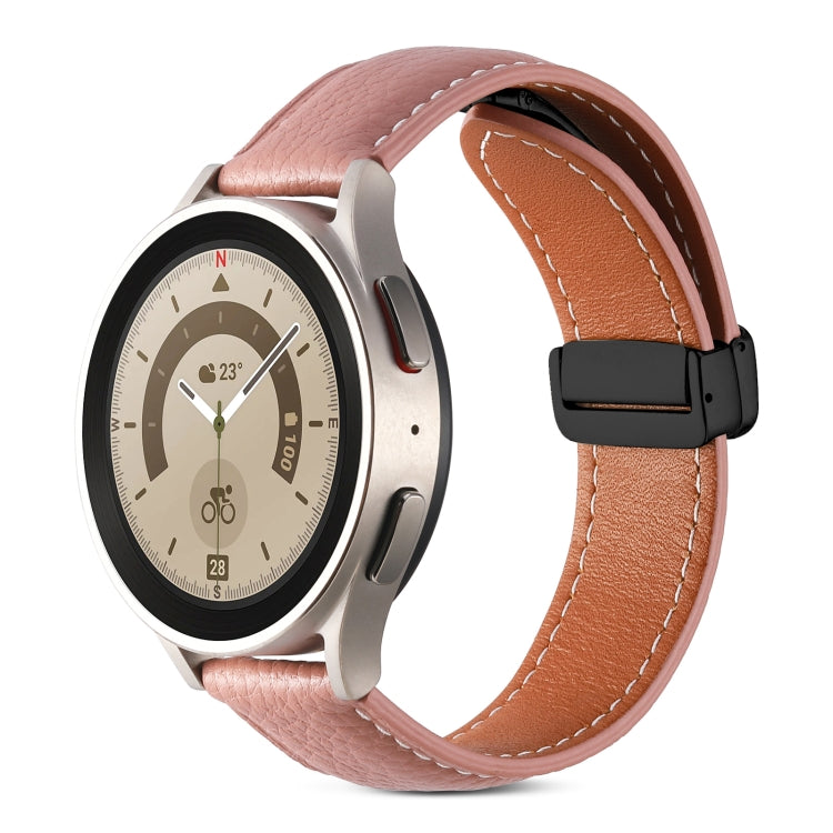 Genuine leather folding buckle watch band, dusty pink leather with brown edge stitching and black clasp