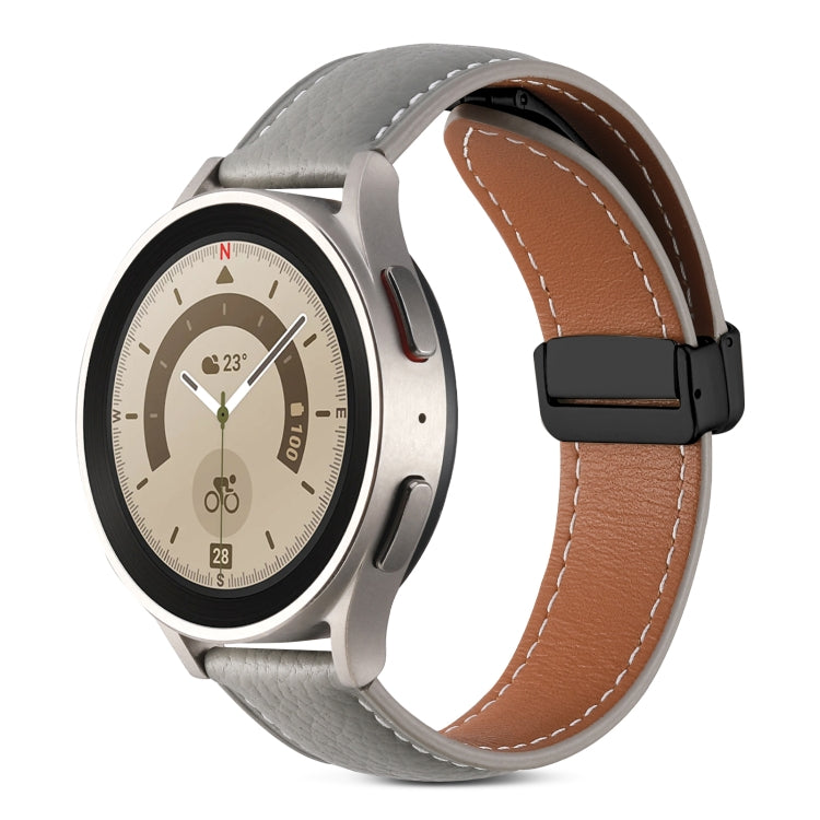 Genuine leather folding buckle watch band, grey leather with brown edge stitching and black clasp