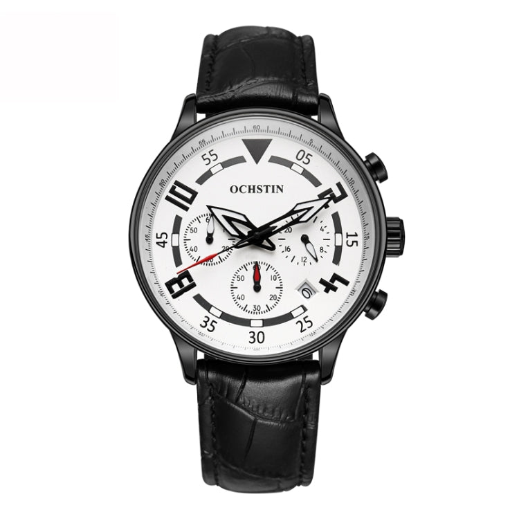 Men's quartz leather watch with white dial, black leather strap, round black bezel