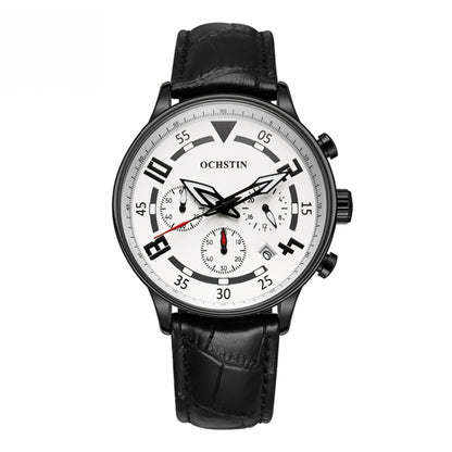 Men's quartz leather watch with white dial, black leather strap, round black bezel