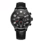 Men's quartz leather watch with black dial, black leather strap, round black bezel