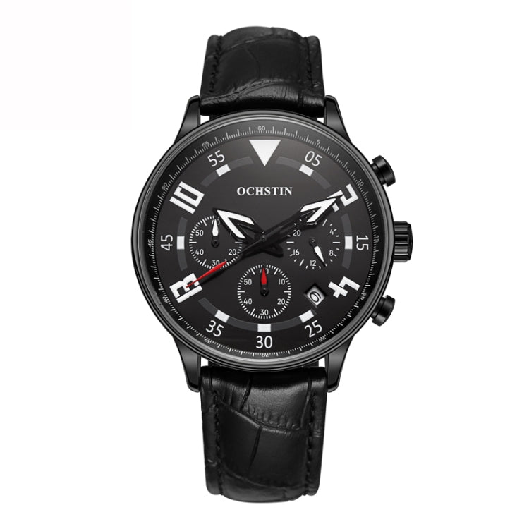 Men's quartz leather watch with black dial, black leather strap, round black bezel