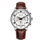 Men's quartz leather watch with white dial, brown leather strap, round silver bezel