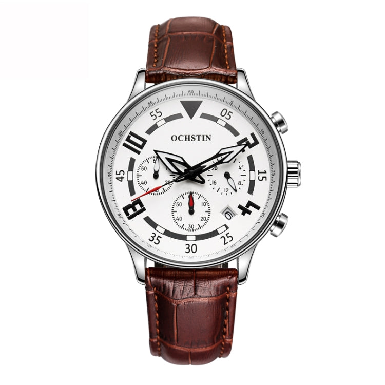 Men's quartz leather watch with white dial, brown leather strap, round silver bezel