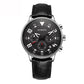 Men's quartz leather watch with black dial, black leather strap, round silver bezel