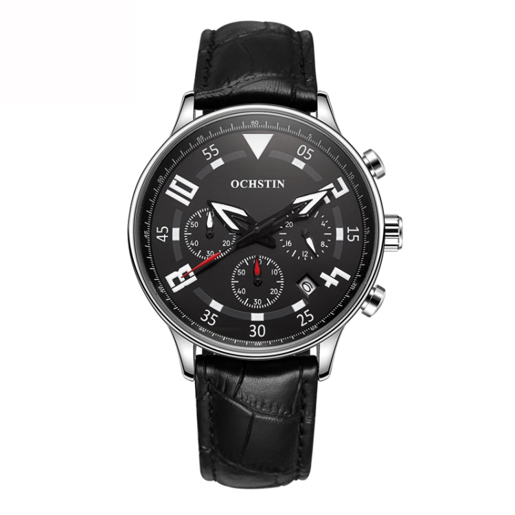 Men's quartz leather watch with black dial, black leather strap, round silver bezel