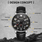 Men's quartz leather watch on black strap, silver case, multifunction dark dial