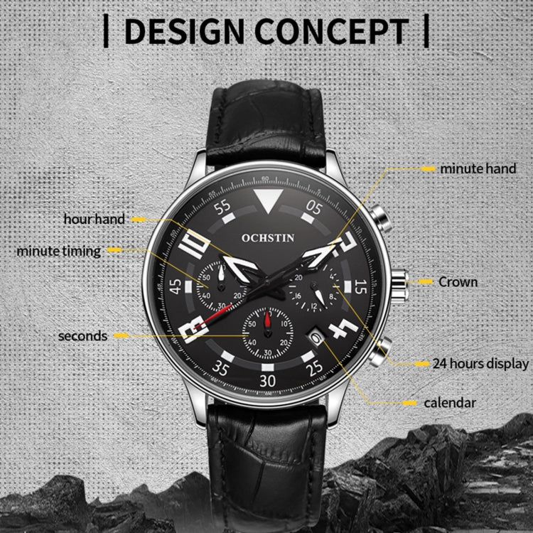 Men's quartz leather watch on black strap, silver case, multifunction dark dial