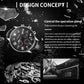 Men's quartz leather watch with black leather strap and multifunction black dial