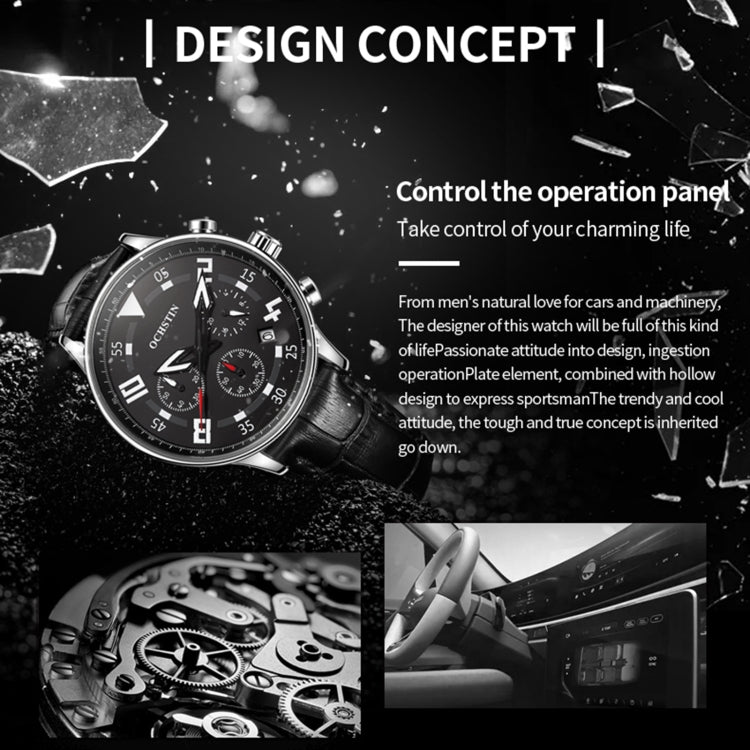 Men's quartz leather watch with black leather strap and multifunction black dial