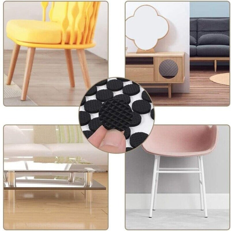 Round black foot pad being pressed onto furniture legs for anti-slip grip