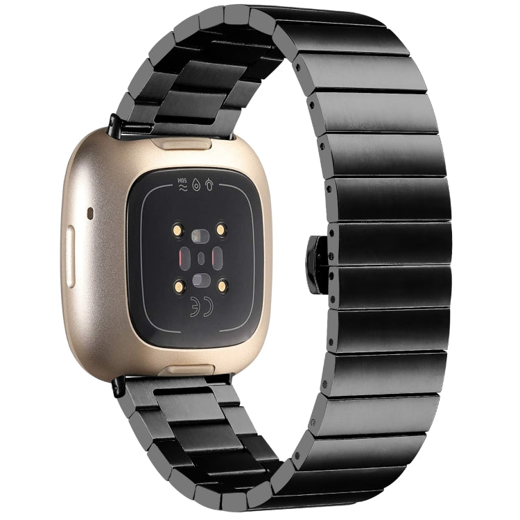 Black metal link watch band with butterfly buckle clasp on rose smartwatch