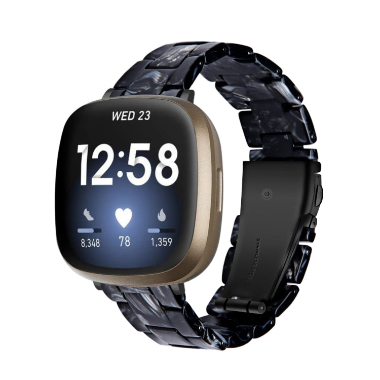 Black-and-gray marbled resin watch band with sculpted links, compatible with Fitbit Versa