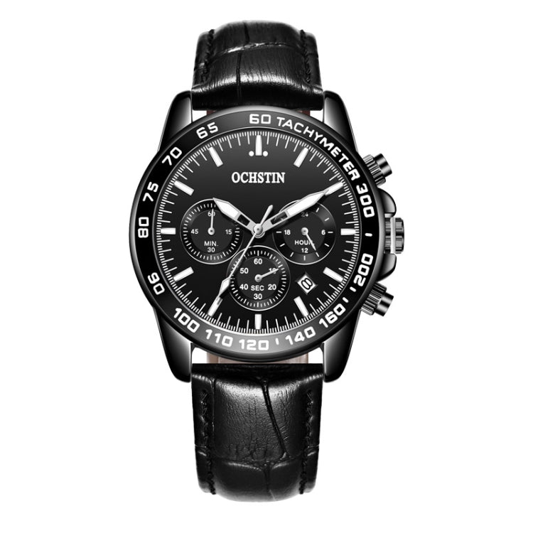 OCHSTIN men’s quartz chronograph watch with black leather strap and black tachymeter dial