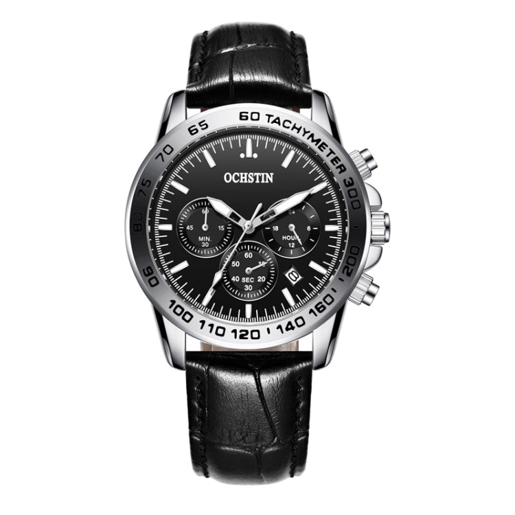 OCHSTIN men’s quartz chronograph watch with black leather strap and silver bezel tachymeter dial
