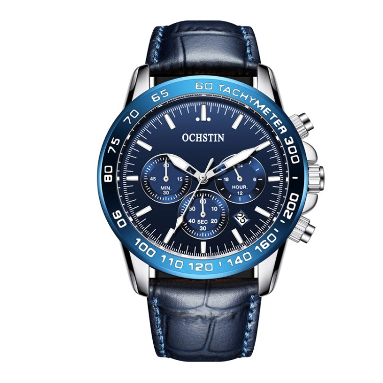 OCHSTIN men’s quartz chronograph watch with blue leather strap and blue tachymeter dial