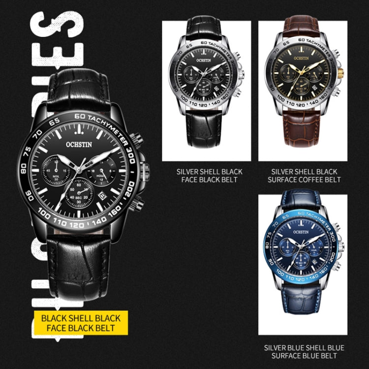 Men OCHSTIN watch set with tachymeter dials and leather straps in black, coffee, and blue