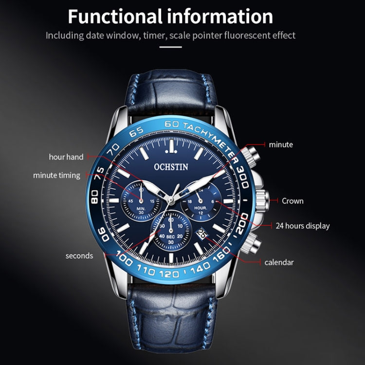 OCHSTIN men’s quartz chronograph watch with blue leather strap and tachymeter subdials