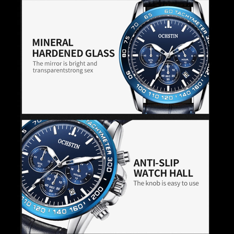 OCHSTIN men’s blue tachymeter watch close-up with detailed subdials and metal bezel