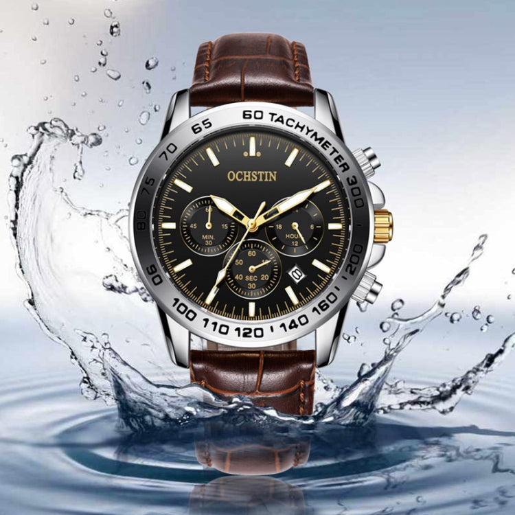OCHSTIN men’s quartz chronograph watch with brown leather strap and black tachymeter dial