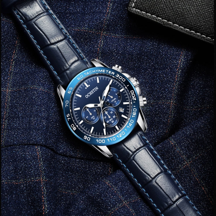 OCHSTIN men’s blue leather strap chronograph watch with tachymeter bezel and subdials