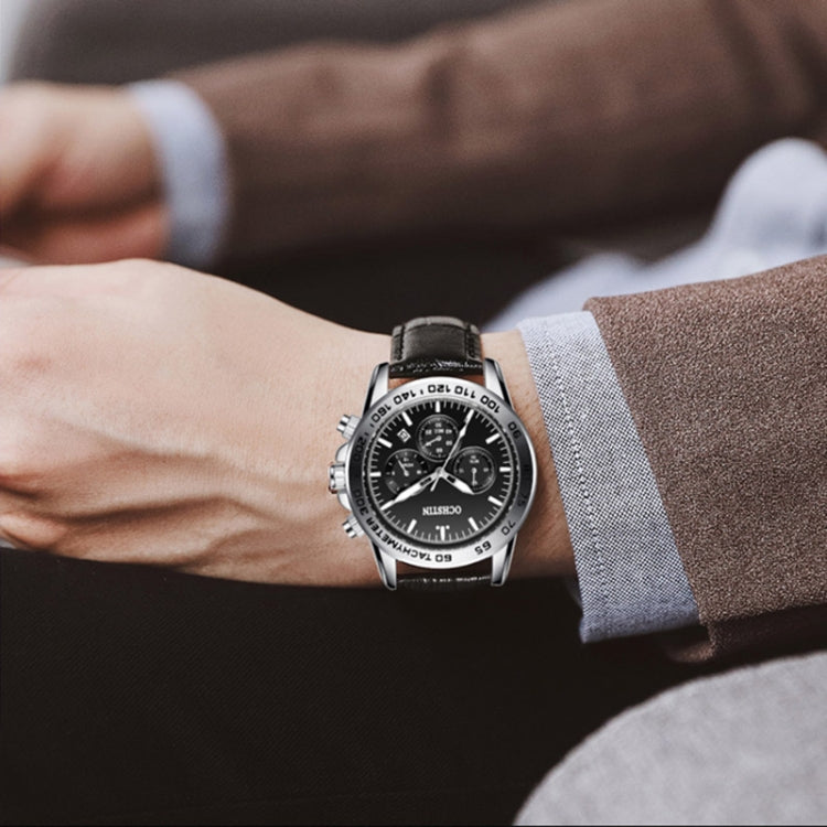 OCHSTIN men’s quartz chronograph watch worn on wrist with black leather strap