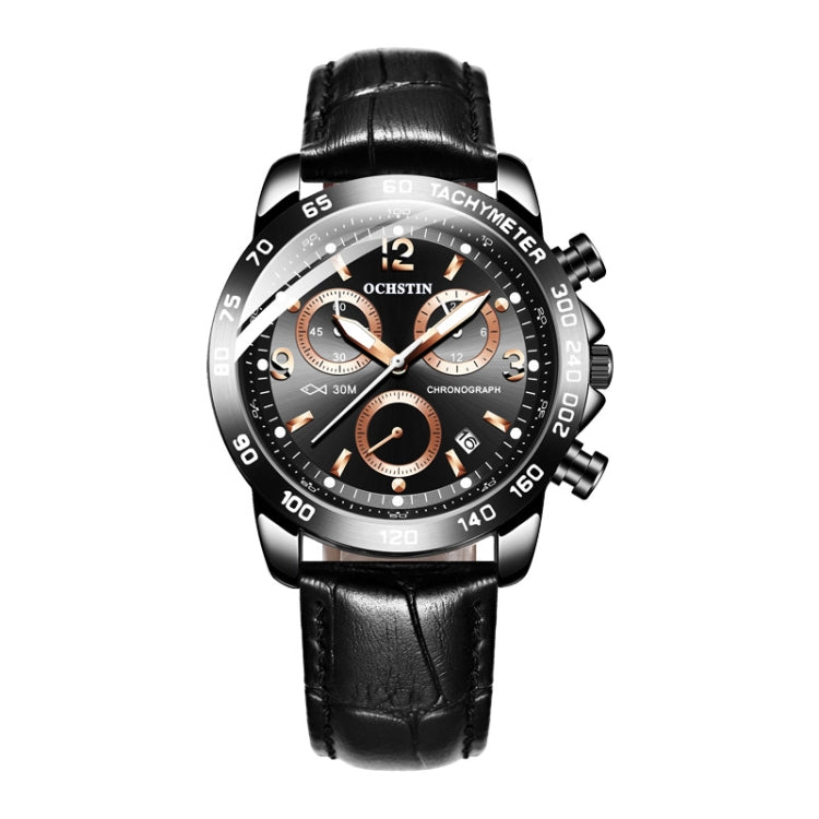 OCHSTIN men’s chronograph watch with black leather strap and black dial, round silver case