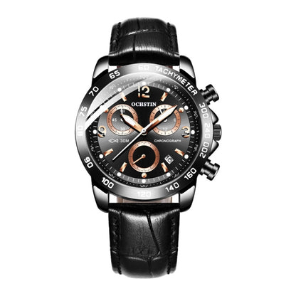 OCHSTIN men’s chronograph watch with black leather strap and black dial, round silver case