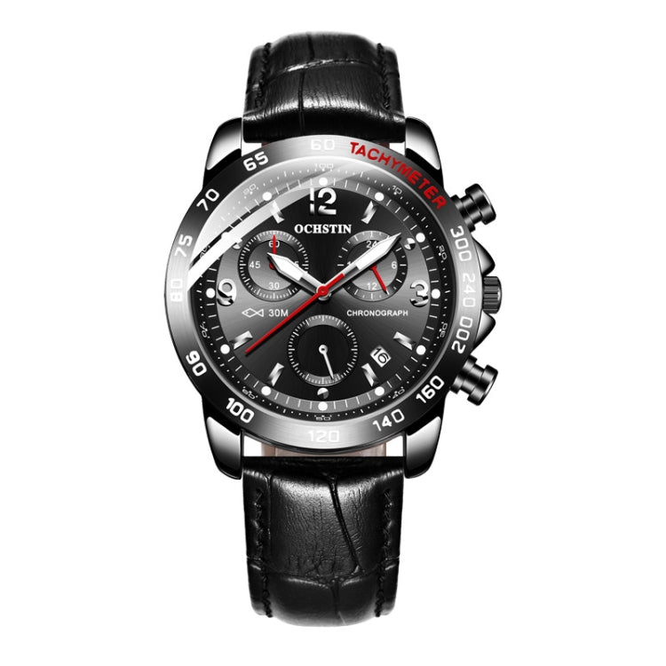 OCHSTIN men’s chronograph watch with black leather strap and black dial with red accents