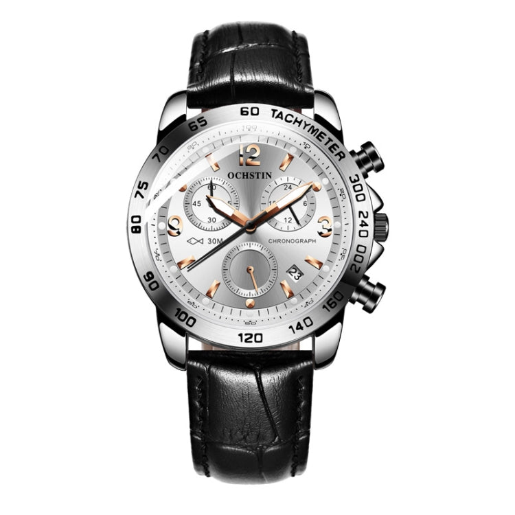 OCHSTIN men’s chronograph watch with black leather strap and white dial, silver case
