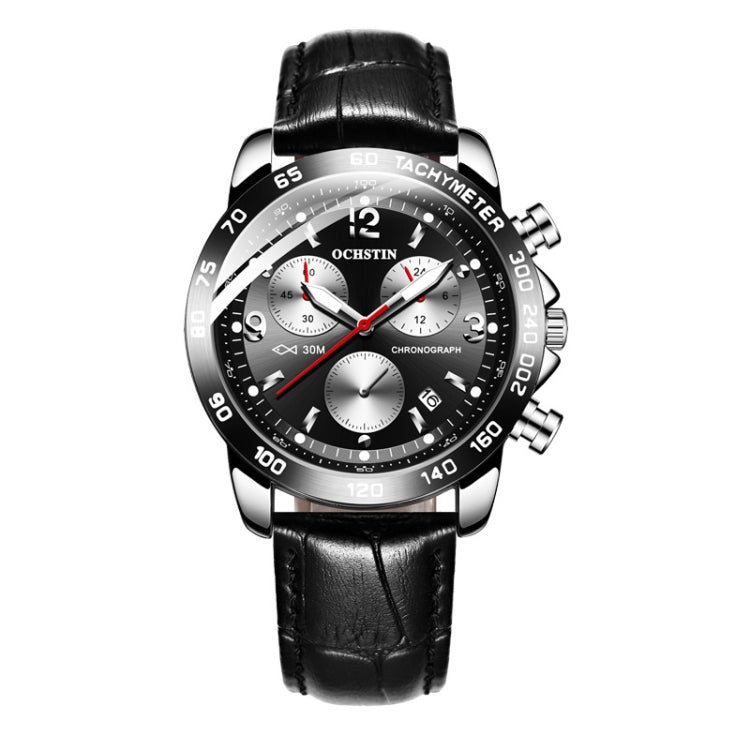 OCHSTIN men’s chronograph watch with black leather strap and dark dial with silver markers