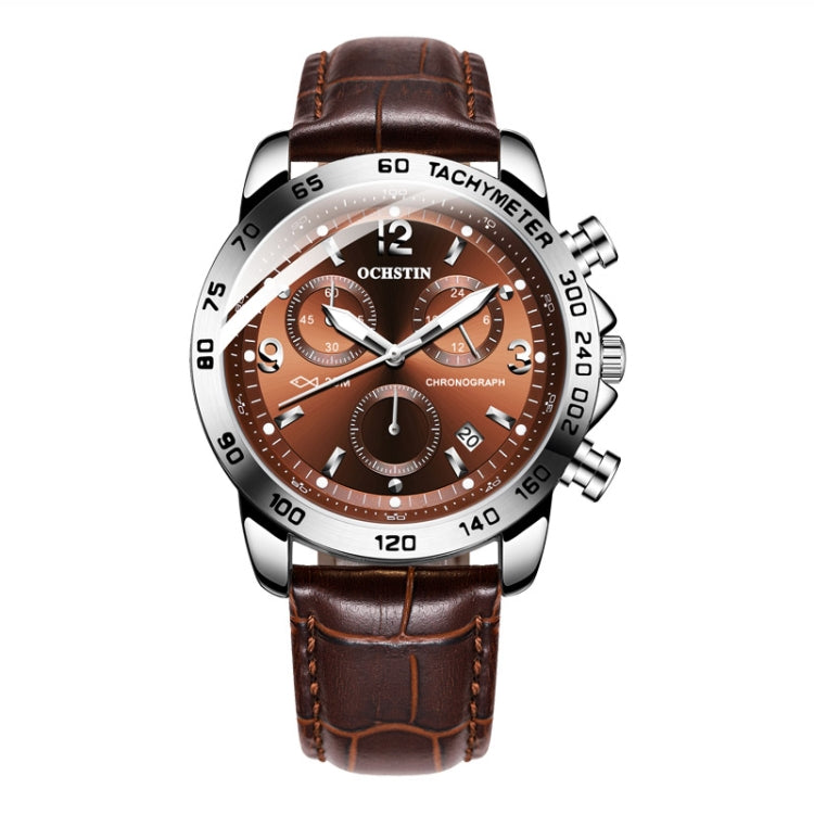 OCHSTIN men’s chronograph watch with brown leather strap and copper-toned dial, silver case