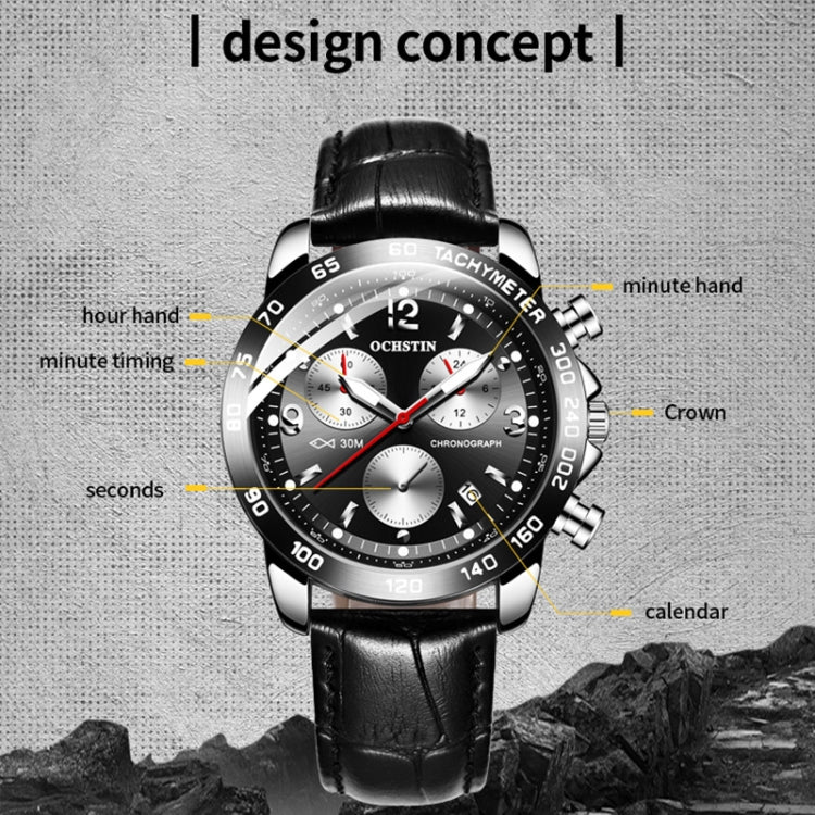 OCHSTIN men’s chronograph watch with black leather strap and black dial, numbered indices