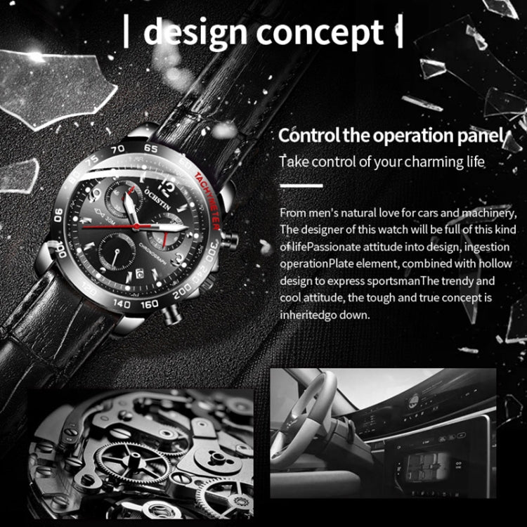 OCHSTIN men’s chronograph watch with black leather strap and dark dial with red seconds hand