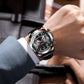 Men's OCHSTIN leather chronograph watch with black dial, red accents, black strap