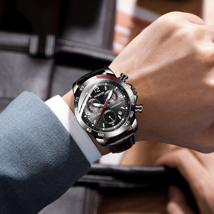 Men's OCHSTIN leather chronograph watch with black dial, red accents, black strap