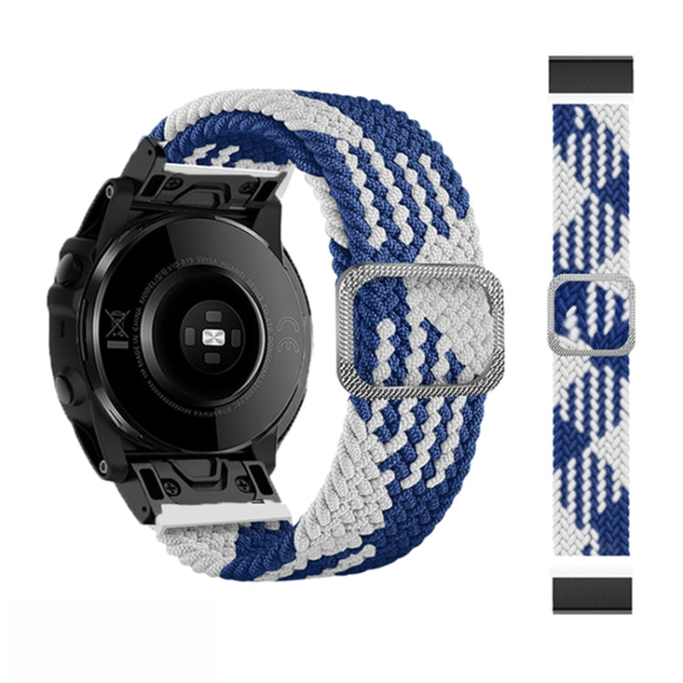 Adjustable blue and white braided nylon watch band with square clasp and black buckle, for Garmin Fenix 7X