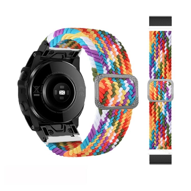 Multicolor braided nylon watch band with square gray buckle on a black smartwatch