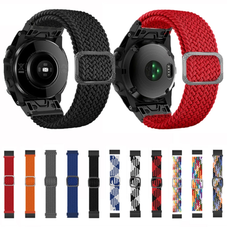 Braided nylon watch bands with black and red straps, each with a square gray buckle