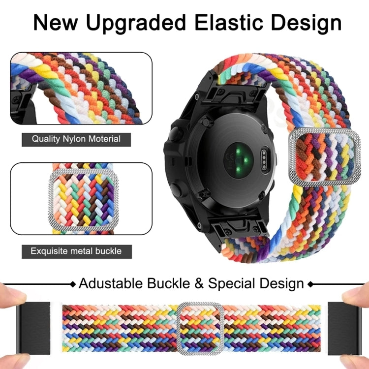 Rainbow braided nylon watch band with adjustable metal buckle on a black smartwatch