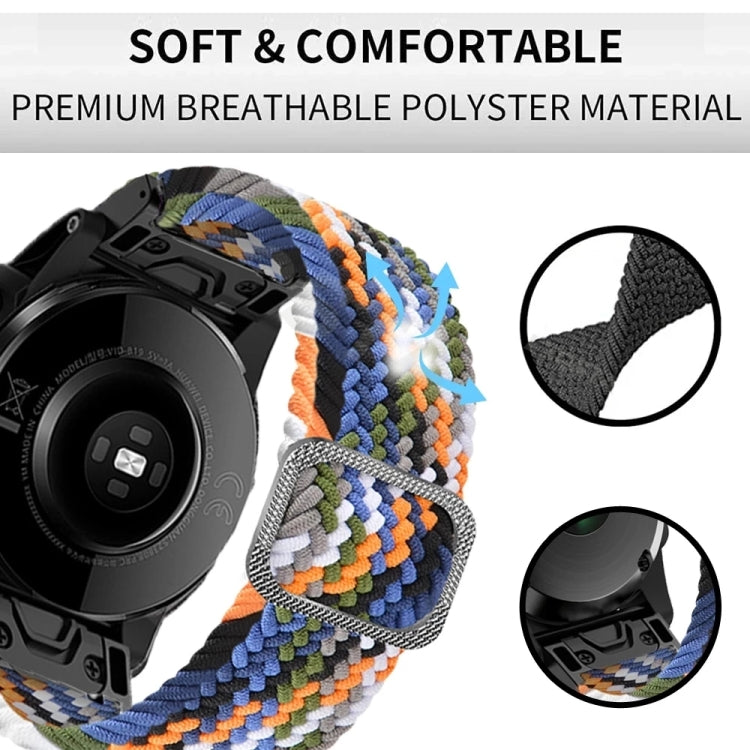 Multicolor braided nylon watch band with soft woven texture on a black smartwatch