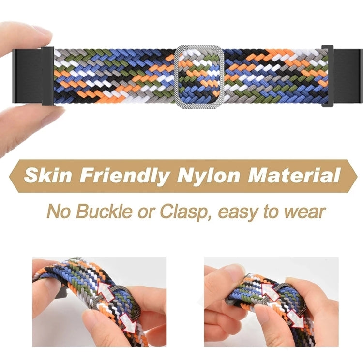 Multicolor woven nylon watch band with square buckle, being adjusted by hand
